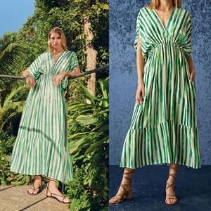 NWT Marie Oliver Venus Caftan Midi Dress Green Striped Bamboo Cabana Sz: Medium